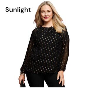 Talbots Women SZ XL Black/Gold Metallic Swiss Dots Top Blouse Sheer Long Sleeve